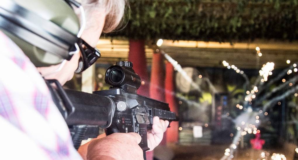 Member of the stag weekend hits an explosive target