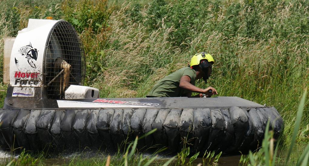 Stag tests his skills driving a hovercraft
