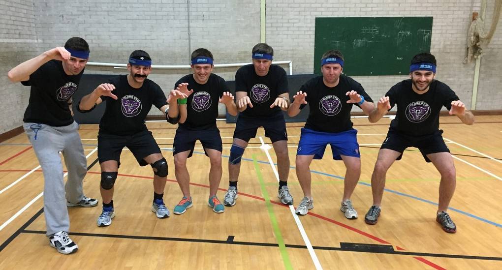Stag weekend posing in Dodgeball fancy dress