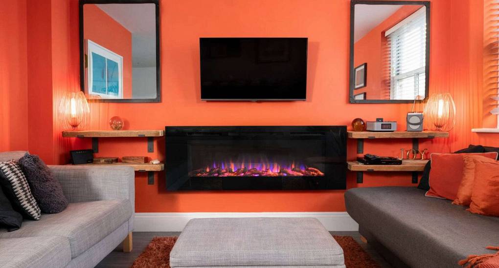 Lounge with fire and sofas