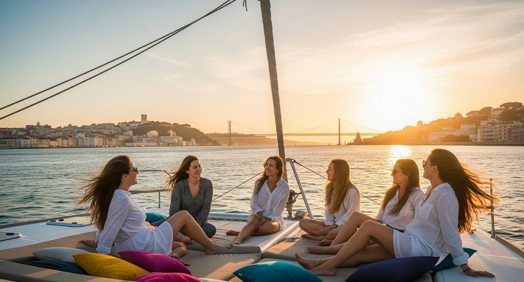 View of the famous bridge in Lisbon from a sunset cruise