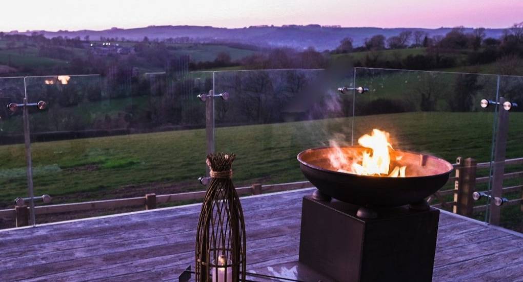 Outdoor firepit on the terrace at Tree View: Evening retreat for your Peak District Hen Do