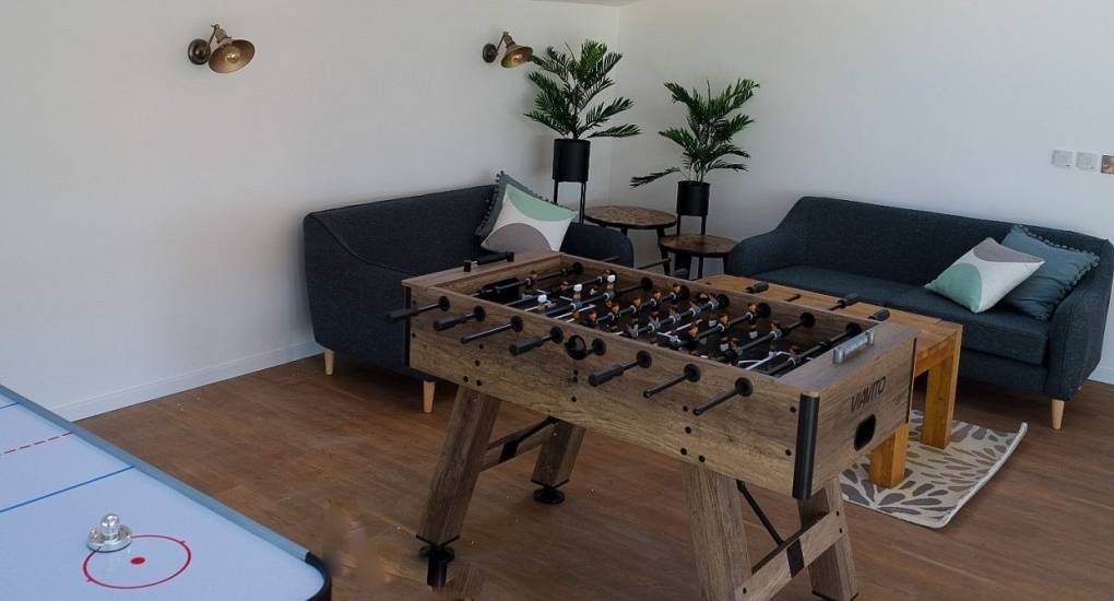 Mezzanine Games Room with Pool Table and Table Football at Tree View Party House